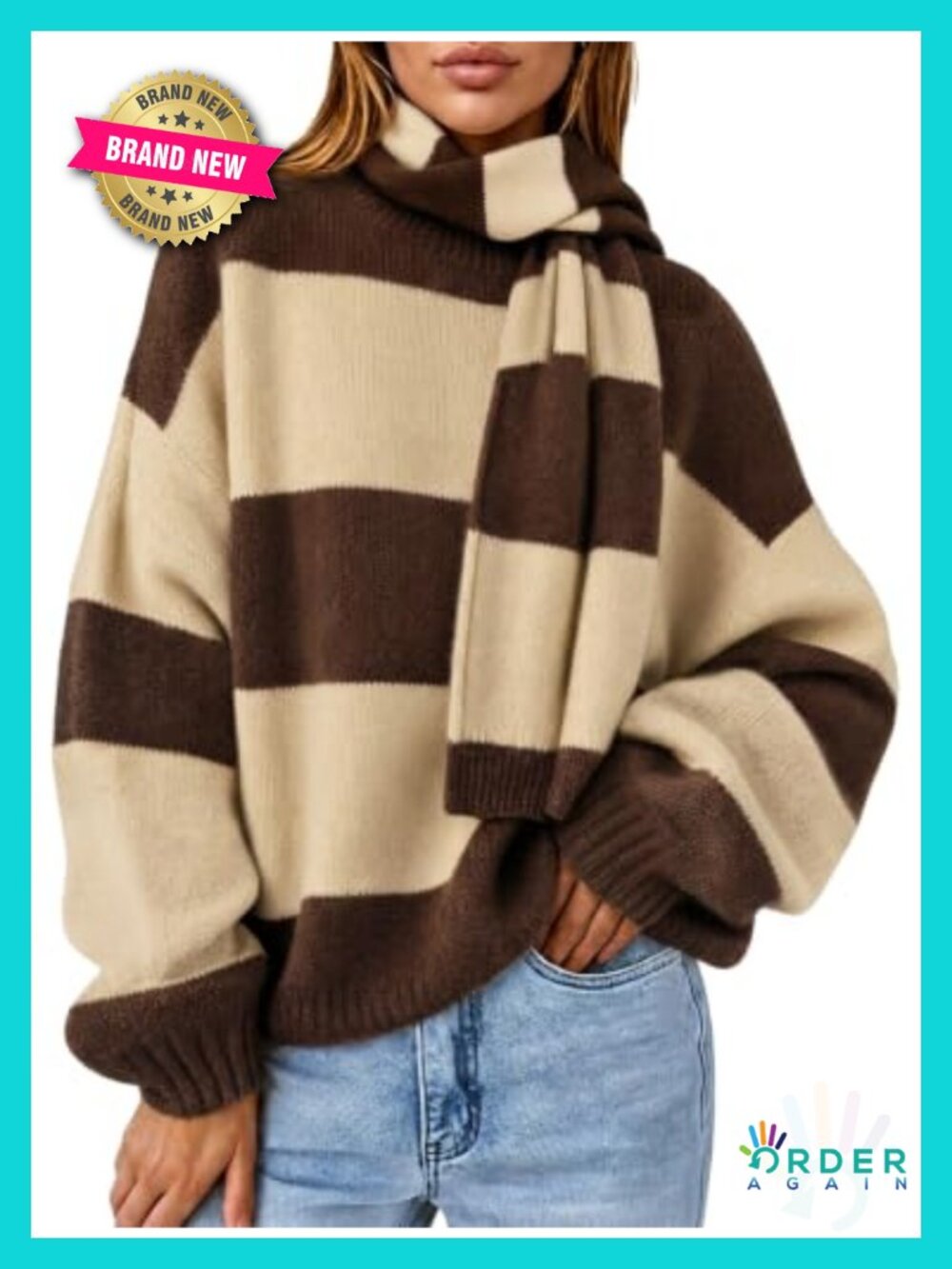 Womens Striped Long Sleeve Knit Pullover Sweater with Scarf Oversized